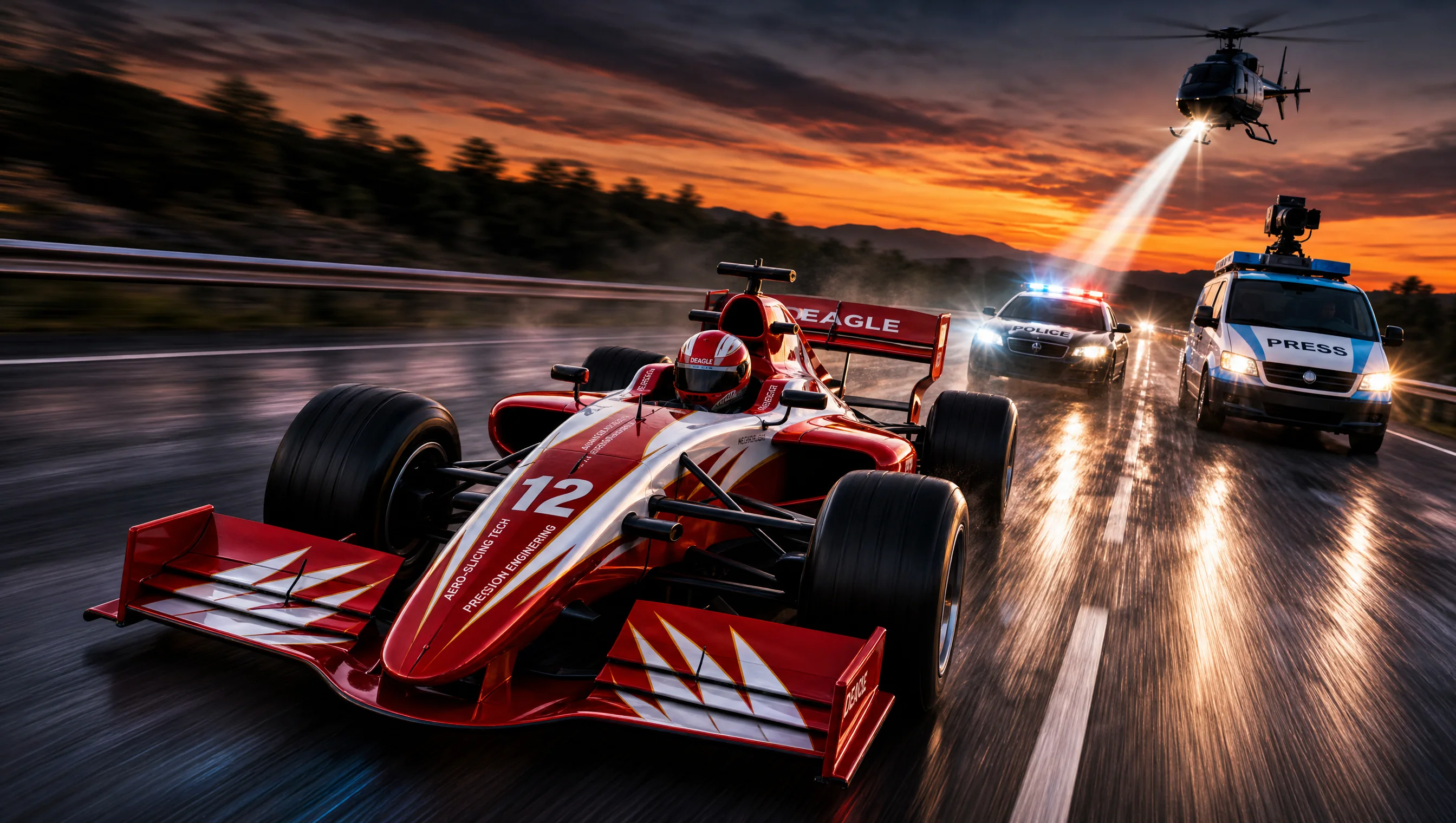 Number 12 race car chased by police and press vehicles