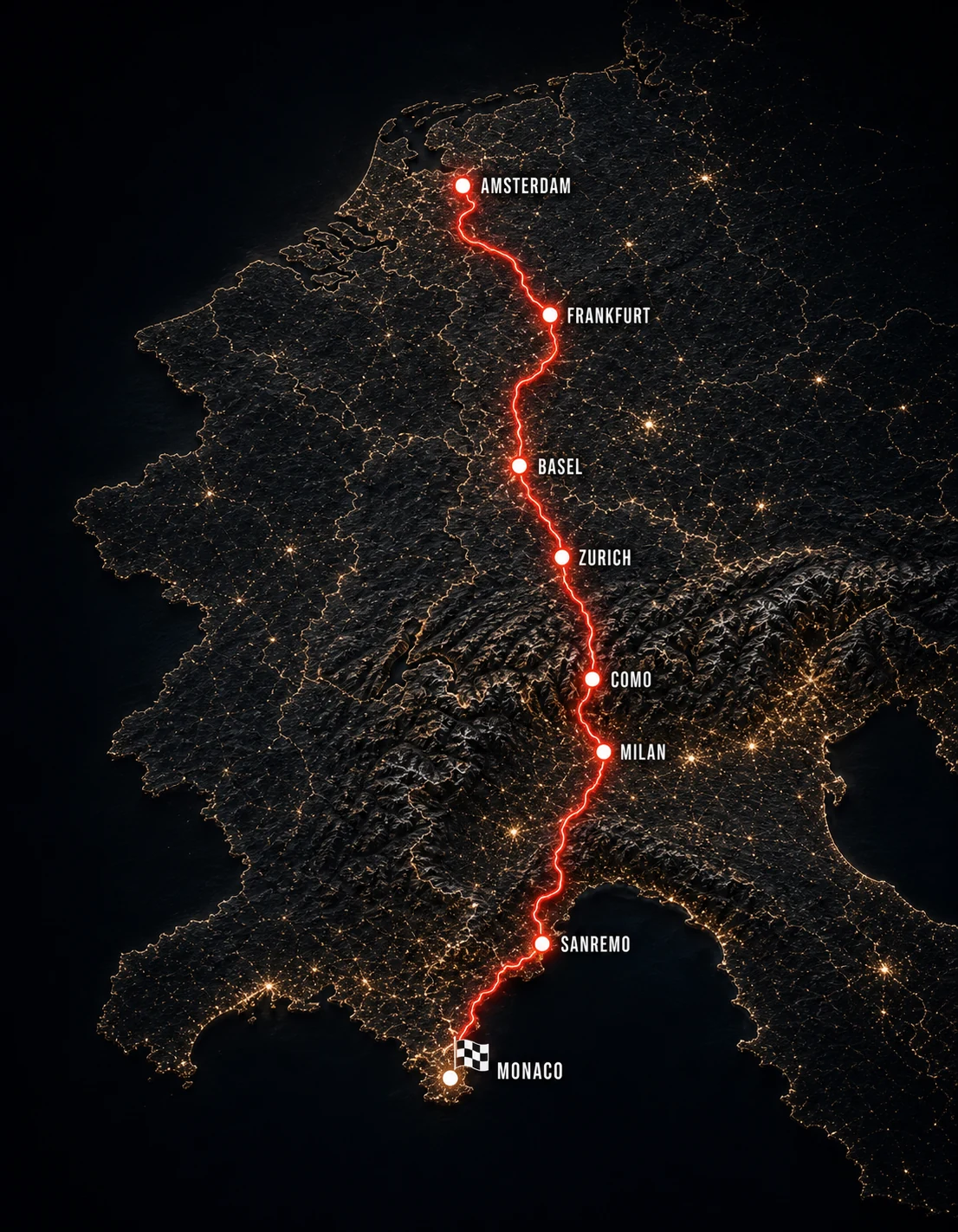 Illuminated route from Amsterdam to Monaco